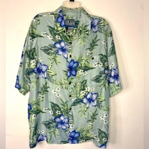 Mens Silk Traders Green Floral Hawaiian Short Sleeve Button Up Silk Shirt Large